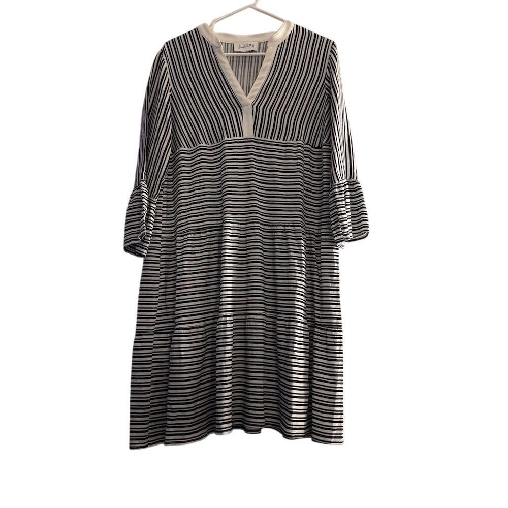 Joseph Ribkoff Black White Striped Tiered V-Neck Bell Sleeve Trapeze Dress